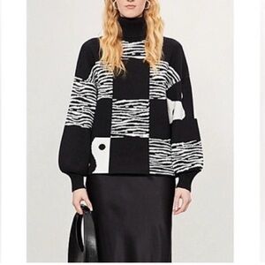 STAUD Zedd Abstract Yin Yang Zebra Balloon Sleeve Turtleneck Sweater